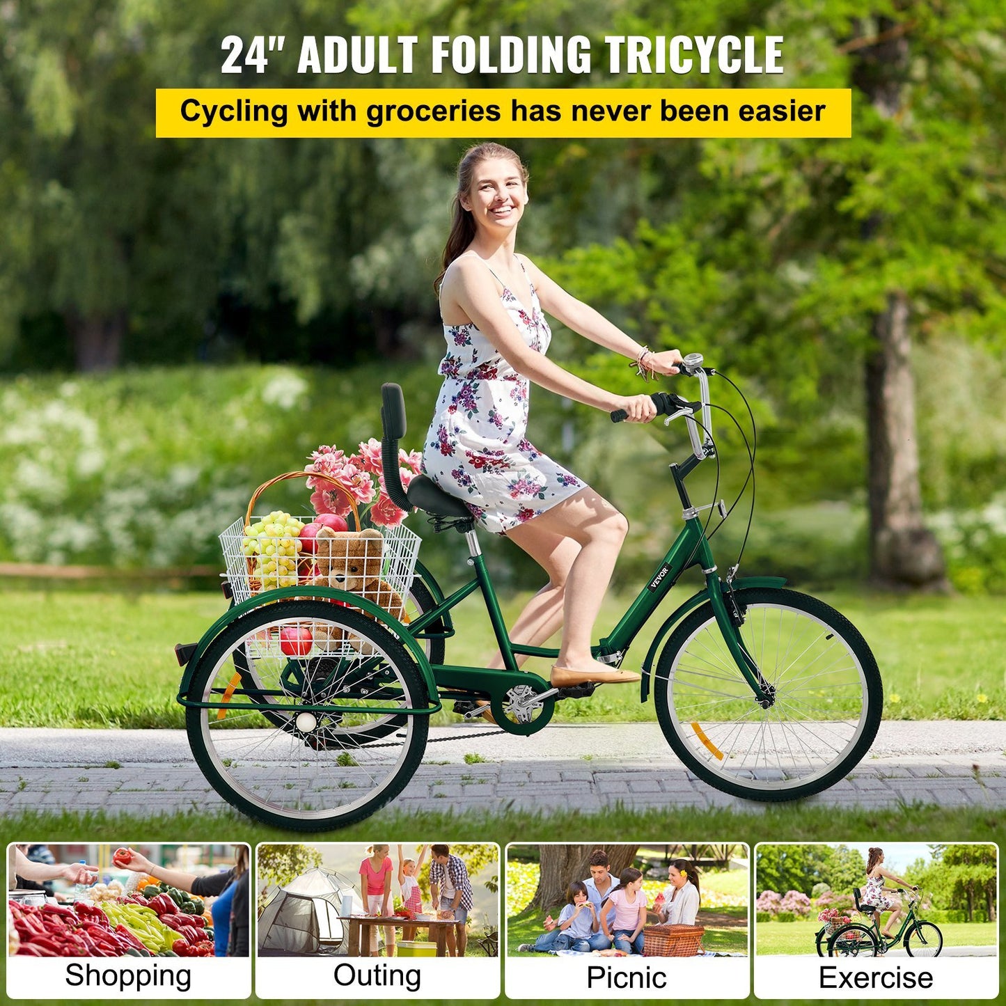 VEVOR Adult 24'' Adult Tricycle 7-Speed 3 Wheel Bike